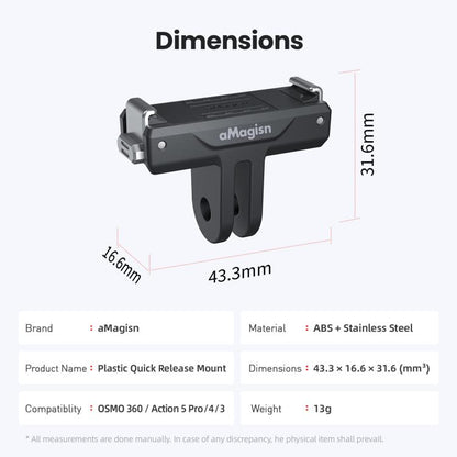 For DJI Osmo 360/Action 5 Pro/4/3 aMagisn Magnetic Quick-Release Adapter Plastic Snap-On Base(Black) - Other by aMagisn | Online Shopping UK | buy2fix