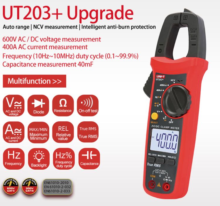 UNI-T UT203+ True RMS Auto-Ranging Digital Clamp Meter 400A AC/DC With NCV, Backlit LCD, Live Wire Detection & Data Hold - Digital Multimeter by UNI-T | Online Shopping UK | buy2fix