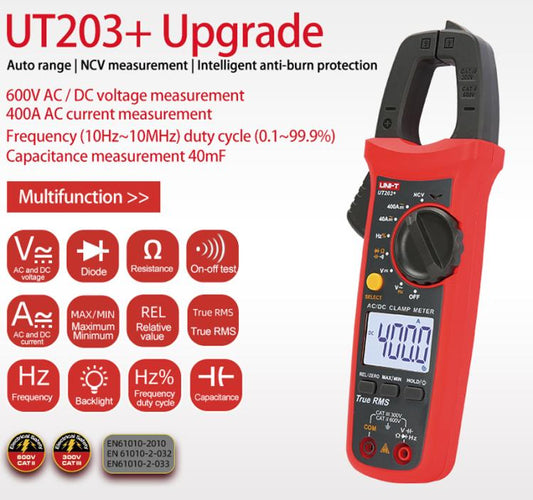 UNI-T UT203+ True RMS Auto-Ranging Digital Clamp Meter 400A AC/DC With NCV, Backlit LCD, Live Wire Detection & Data Hold - Digital Multimeter by UNI-T | Online Shopping UK | buy2fix