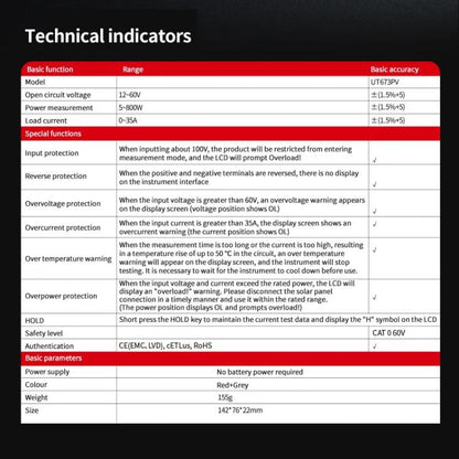 UNI-T UT673PV Solar MPPT Meter Solar Panel Maximum Power Tester Maintenance Diagnostic Tool - Current & Voltage Tester by UNI-T | Online Shopping UK | buy2fix