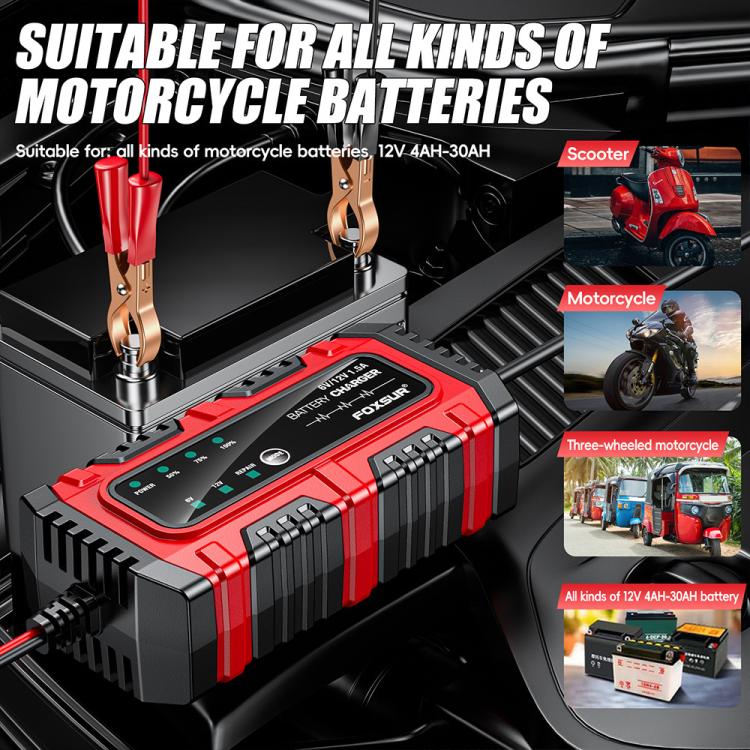 FOXSUR Smart 6V/12V 1.5A Battery Charger 4AH-30AH Lead Acid Battery Maintainer For Motorcycle/Car/ATV UK Plug - Battery Charger by FOXSUR | Online Shopping UK | buy2fix