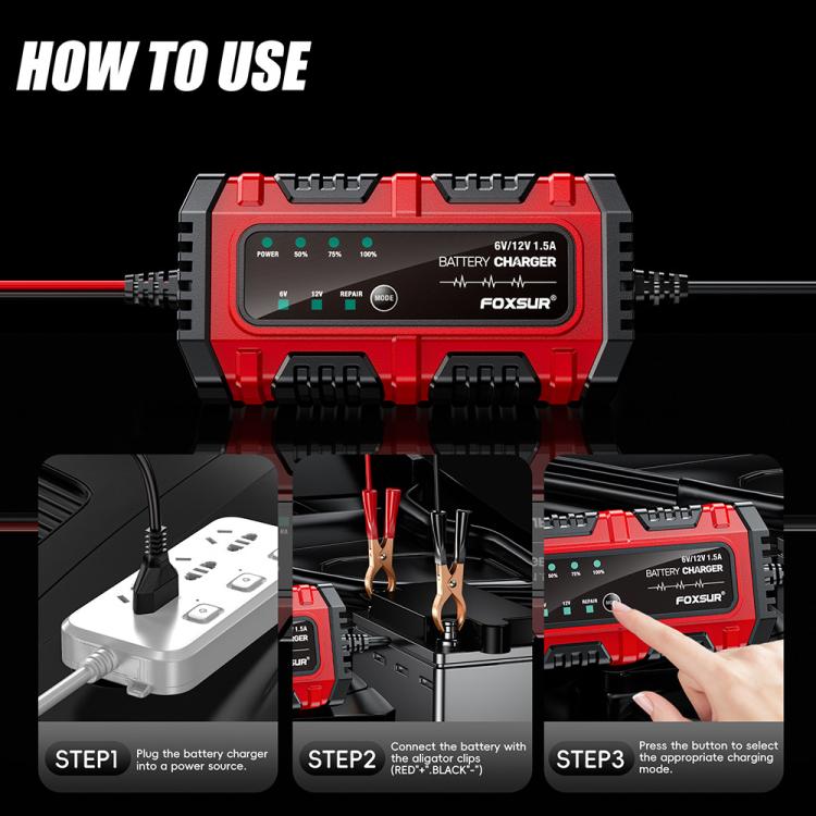FOXSUR Smart 6V/12V 1.5A Battery Charger 4AH-30AH Lead Acid Battery Maintainer For Motorcycle/Car/ATV US Plug - Battery Charger by FOXSUR | Online Shopping UK | buy2fix