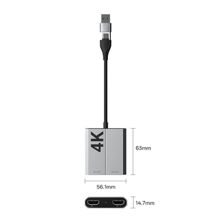 USB3.0+Type-C To Dual HDMI Extender 4K 60HZ Dual Screen Heterodyne HD Video Converter, Size: 25cm(Silver Gray) - Adapter by buy2fix | Online Shopping UK | buy2fix