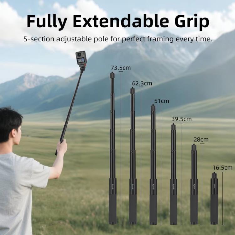 Flymile 16.5-73.5cm Mini Invisible Selfie Stick for Panoramic Cameras Anti-Shake Metal Pole Pocket-Friendly Extendable Selfie Monopod(Black) - Self Monopod Grip by Flymile | Online Shopping UK | buy2fix