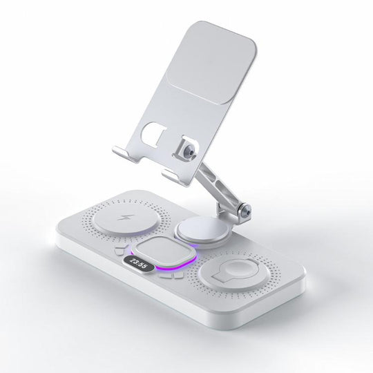 4-in-1 Fast Wireless Charging Station for Phone/Tablet/Apple Watch/AirPods Magnetic Foldable Stand with Clock Display & Cool Light Effect(White)
