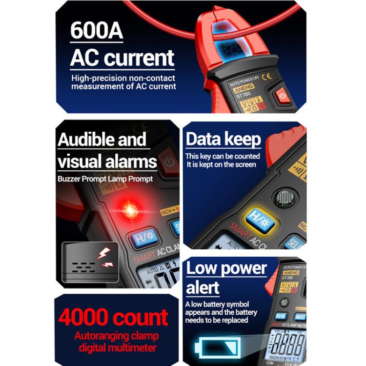 ANENG ST183 600A Digital Clamp Meter With NCV, 4000 Counts, Tests Continuity/Resistance/Capacitance/Diode, Audible & Visual Alarm(Black) - Digital Multimeter by ANENG | Online Shopping UK | buy2fix