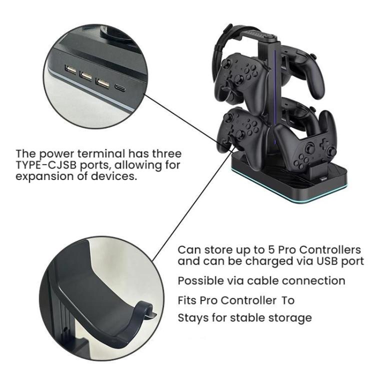 For Nintendo Switch 2 Pro Controller Headphone Storage Rack Charging Base(Black) - Holder by buy2fix | Online Shopping UK | buy2fix