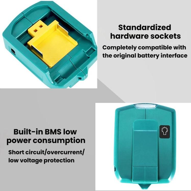 适用于Makita 14.4V/18V Lithium Battery Adapter With LED Lighting, Spec: Dual USB + DC - Charger & Converter by buy2fix | Online Shopping UK | buy2fix