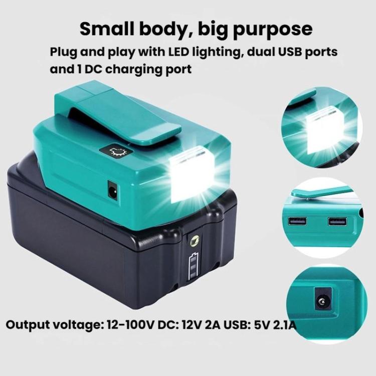 适用于Makita 14.4V/18V Lithium Battery Adapter With LED Lighting, Spec: Dual USB + DC - Charger & Converter by buy2fix | Online Shopping UK | buy2fix