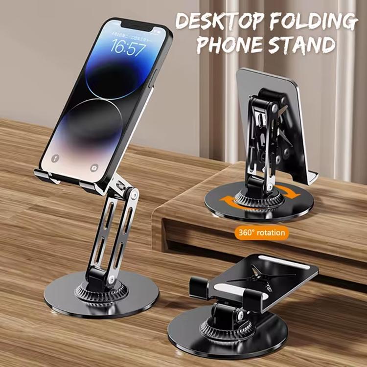 Dual-Fold Phone Tablet Stand Full Metal 360-degree Rotation Desktop Holder with 3-Axis Adjustable Arm(Black) - Desktop Holder by buy2fix | Online Shopping UK | buy2fix