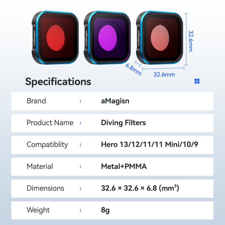 aMagisn Dive Filter for GoPro HERO13 Black /12 Black /11 Black /11 Black mini /10 Black /9 Black(Red) - Lens Filter by aMagisn | Online Shopping UK | buy2fix