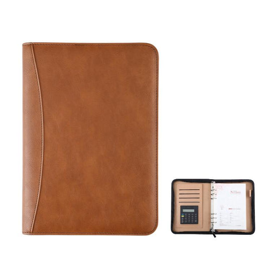 A5 PU Leather Zipper Organizer & Refillable Notebook with 8-Digit Calculator, Multi-Card Slots & Receipt Compartment(Brown)