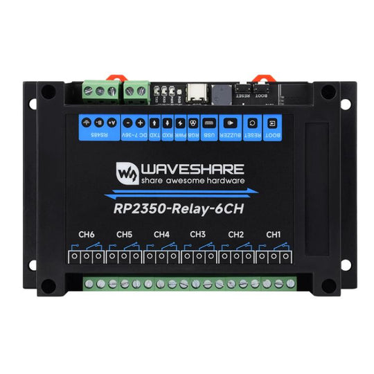 WAVESHARE RP2350 Industrial Control Board 6-Channel Relay Module, Based On RP2350 Microcontroller, Supports Wxternal Interfaces RS485 And Pico(Without Wi-Fi Module)