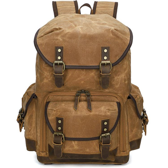 Waxed Canvas Photography Backpack Retro Double-Shoulder Bag For Mirrorless Camera And Laptop(Earthy Yellow)