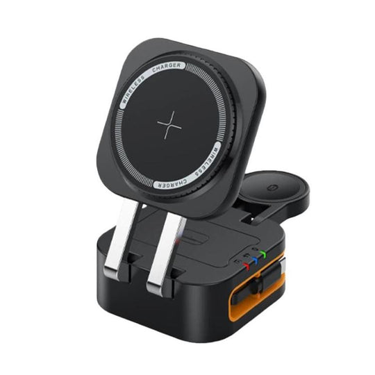 15W 3 In 1 Retractable Cable Magnetic Wireless Charger Foldable Desktop Charging Stand(Black)