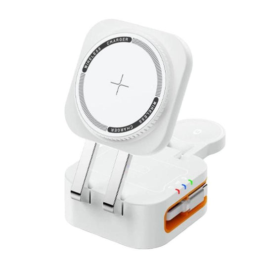 15W 3 In 1 Retractable Cable Magnetic Wireless Charger Foldable Desktop Charging Stand(White)