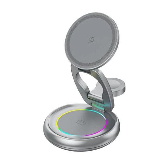 15W 3 In 1 Magnetic Wireless Charger With LED Colorful Lights Rotatable Desktop Charging Stand(Grey)