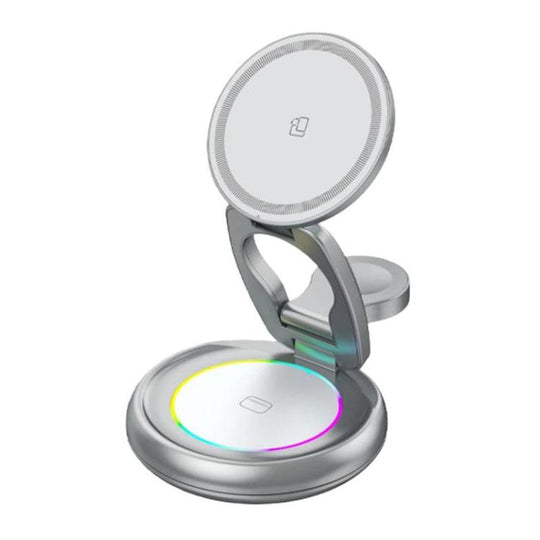 15W 3 In 1 Magnetic Wireless Charger With LED Colorful Lights Rotatable Desktop Charging Stand(Silver)