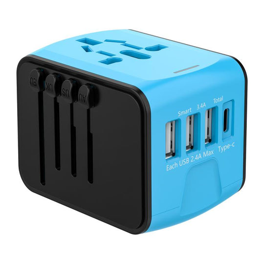 Travel Adapter 3 USB+Type-C Universal Socket Multi-Function Charger, US/EU/UK/AU Plug(Blue)