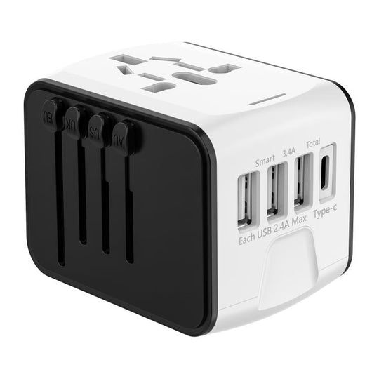 Travel Adapter 3 USB+Type-C Universal Socket Multi-Function Charger, US/EU/UK/AU Plug(White)