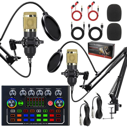 Dual BM800 Condenser Microphone With F009 Live Sound Card Kit Podcast Equipment Bundle Adjustable Scissor Arm Stand(Gold)