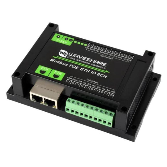 Waveshare 33917 Industrial 8-Ch Ethernet Digital Input / Output Module Modbus RTU / TCP Protocol, Supports PoE Power Supply
