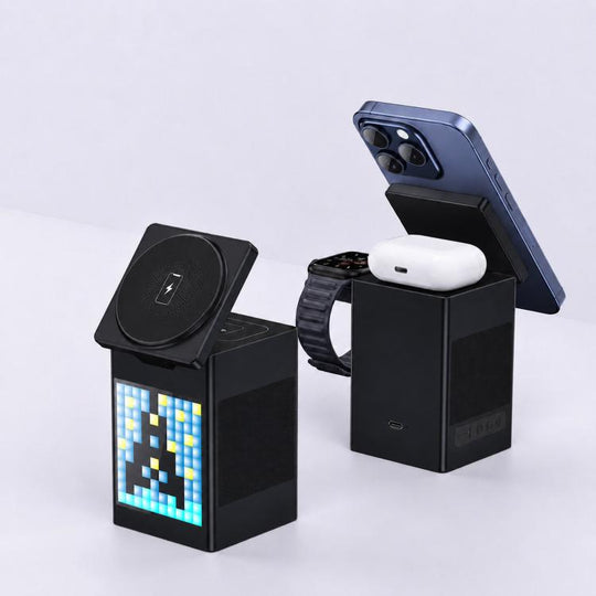 6-In-1 Magnetic Wireless Charging Station With Pixel Art Bluetooth Speaker Magnetic Fast Charger For Phone, IWatch, Eurbuds(Black)