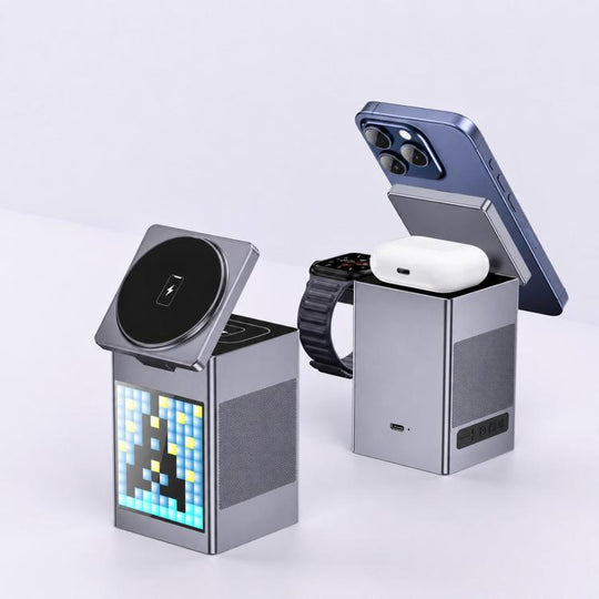 6-In-1 Magnetic Wireless Charging Station With Pixel Art Bluetooth Speaker Magnetic Fast Charger For Phone, IWatch, Eurbuds(Gray)