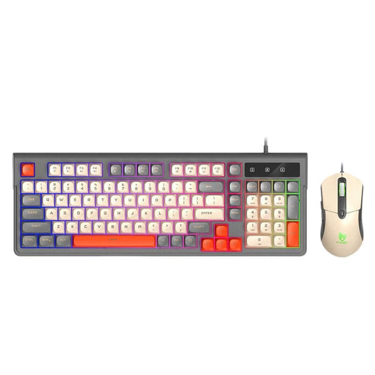 T-WOLF TF330 Wired Keyboard And Mouse Combo 3-Color Block Retro Gaming Keyboard With 98-Key Compact Layout, RGB Backlit(Grey)