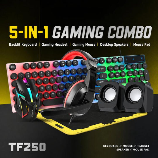T-WOLF 5-In-1 PC Gaming Bundle Included Backlit Keyboard, Wired Mouse, Headset, Speakers And Mouse Pad(TF250)