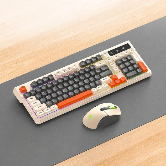T-WOLF TF300 Rechargeable Wireless Keyboard and Mouse Combo 2.4G/Bluetooth Dual Mode 98-Key Compact Keyboard with Mixed-Color Backlit(Milk Tea)