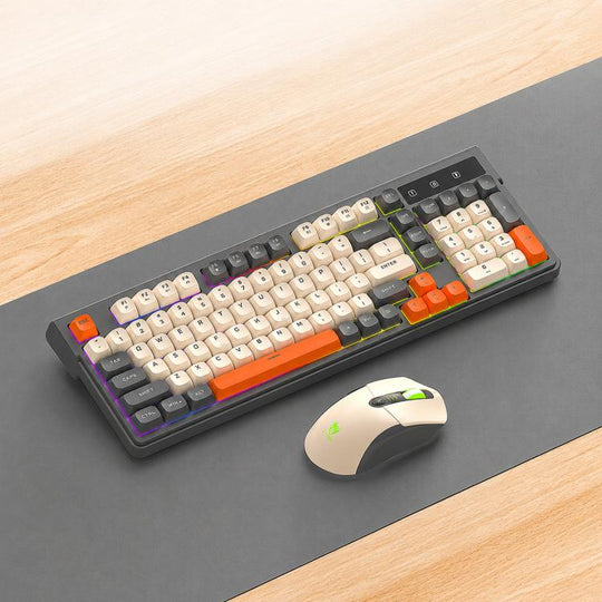 T-WOLF TF300 Rechargeable Wireless Keyboard and Mouse Combo 2.4G/Bluetooth Dual Mode 98-Key Compact Keyboard with Mixed-Color Backlit(Grey)