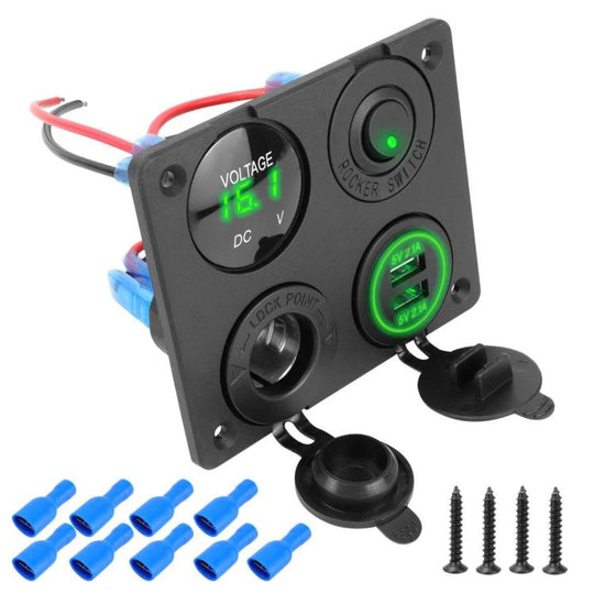 Cigarette Lighter Voltmeter 4.2A Dual USB Car Four-hole Panel Switch, Color: Green Wired