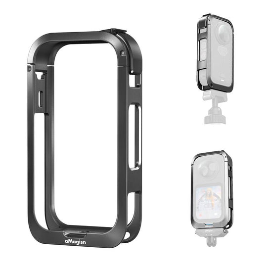 aMagisn Metal Camera Cage for Insta360 X6 Ultra-Lightweight Protective Frame with Flip-Lock Clasp(Black)