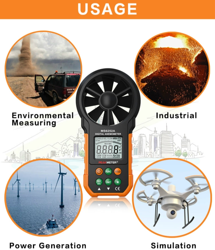 PEAKMETER High-precision Digital Display Wind Speed Air Volume Measuring Instrument MS6252A Wind Speed, Air Volume - Tachometers & Anemometer by buy2fix | Online Shopping UK | buy2fix