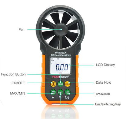 PEAKMETER High-precision Digital Display Wind Speed Air Volume Measuring Instrument MS6252A Wind Speed, Air Volume - Tachometers & Anemometer by buy2fix | Online Shopping UK | buy2fix