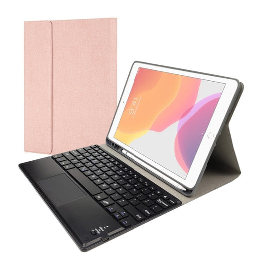 RK508C Detachable Magnetic Plastic Bluetooth Keyboard with Touchpad + Silk Pattern TPU Tablet Case for iPad 9.7 inch, with Pen Slot & Bracket(Rose Gold)