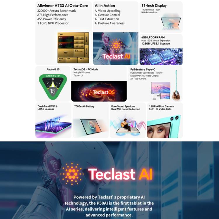 Teclast P50AI WiFi Tablet PC, 6GB+128GB, 11 inch Android 15 Allwinner A733 Octa Core with NPU - TECLAST by TECLAST | Online Shopping UK | buy2fix