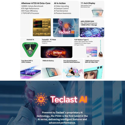 Teclast P50AI WiFi Tablet PC, 6GB+128GB, 11 inch Android 15 Allwinner A733 Octa Core with NPU - TECLAST by TECLAST | Online Shopping UK | buy2fix