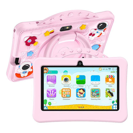 BDF 7 inch WiFi Kids Tablet PC with Portable Astronaut Silicone Case, 3GB+32GB, Android 13.0 MTK6735 Quad Core CPU, US Plug (Pink)