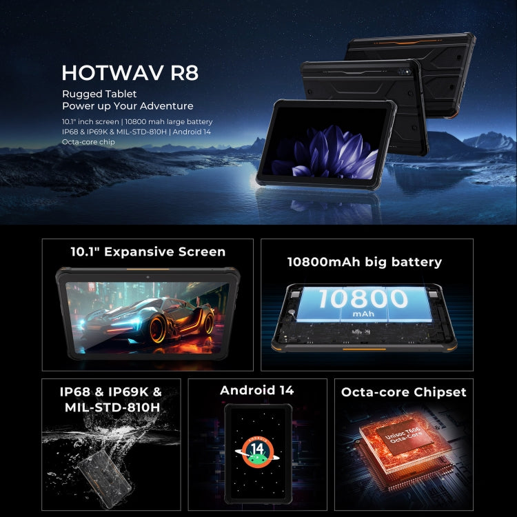 HOTWAV Tab R8 IP68/IP69K Rugged Tablet, 4GB+128GB, 10.1 inch Android 14 Unisoc T606 Octa Core 4G Network, Global Version with Google Play, EU Plug (Black+Orange) - Other by HOTWAV | Online Shopping UK | buy2fix