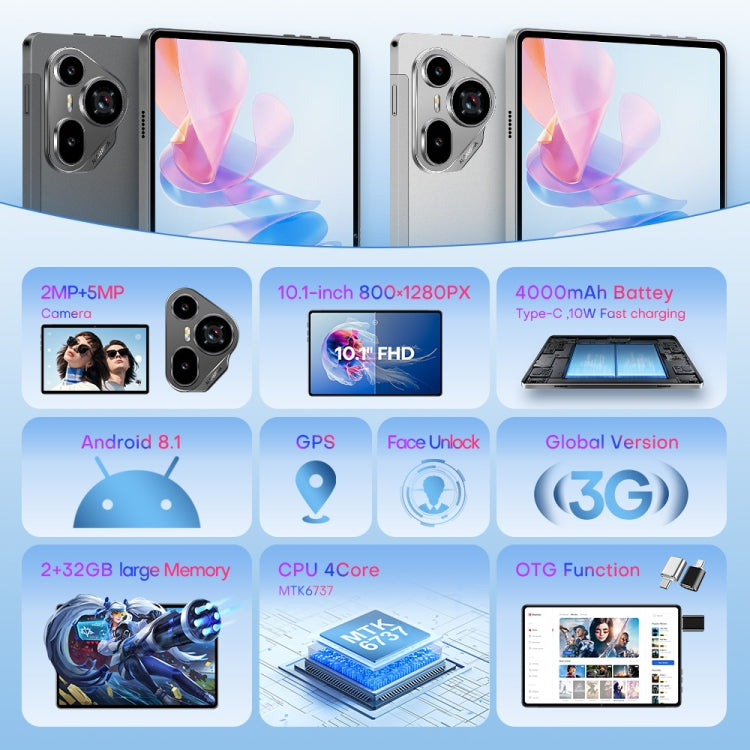 Pad7 Ultra 10.1 inch 3G Phone Call Tablet PC, 2GB+32GB, Android 8.1 MTK6737 Quad Core, US Plug (Silver) - 10.1 inch by buy2fix | Online Shopping UK | buy2fix