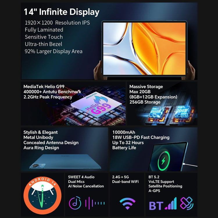 Teclast T70 4G LTE Tablet PC, 8GB+256GB, 14 inch Android 14 MediaTek Helio G99 Octa Core, Support Dual SIM - TECLAST by TECLAST | Online Shopping UK | buy2fix
