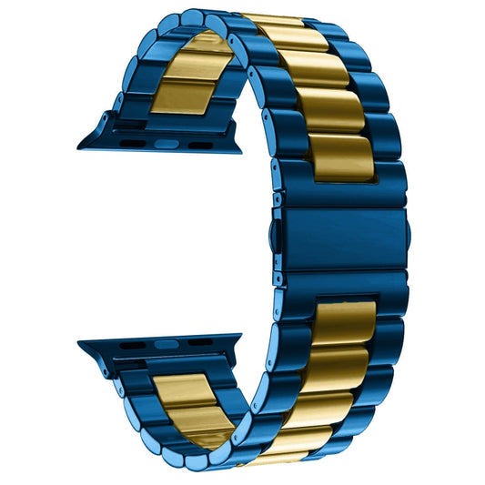 Fold Buckle 3 Beads Stainless Steel Watch Band For Apple Watch Ultra 49mm&Watch Ultra 2 49mm / Series 10 46mm / 9&8&7 45mm / SE 3&SE 2&6&SE&5&4 44mm / 3&2&1 42mm(Blue Gold) by buy2fix