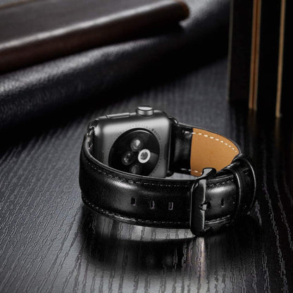 Black Buckle Leather Watch Band For Apple Watch Ultra 49mm&Watch Ultra 2 49mm / Series 10 46mm / 9&8&7 45mm / SE 3&SE 2&6&SE&5&4 44mm / 3&2&1 42mm(Black) by buy2fix
