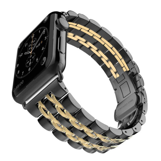 22mm Men Hidden Butterfly Buckle 7 Beads Stainless Steel Watch Band For Apple Watch 42mm(Black Gold) by buy2fix