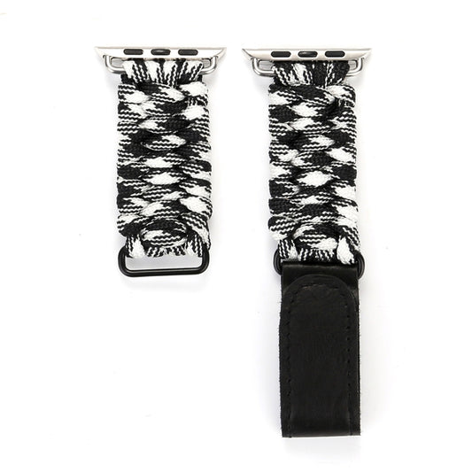 Magic Paste Genuine Leather Umbrella Rope Nylon Wrist Watch Band with and Stainless Steel Buckle for Apple Watch Series 10 42mm / 9&8&7 41mm / SE 3&SE 2&6&SE&5&4 40mm / 3&2&1 38mm(Black White) by buy2fix