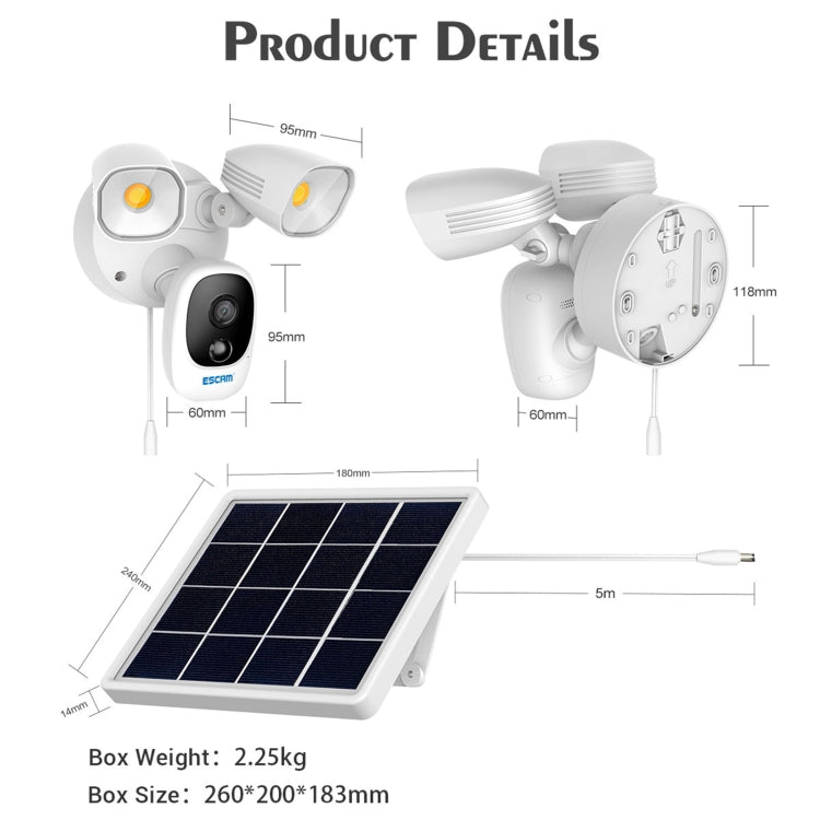 ESCAM QF609 1080P Solar Powered 1000LM Floodlight Wireless Camera with Solar Panel & 12000mAh Rechargeable Battery, Support PIR Sensor & Night Vision & Two Way Audio & TF Card - Security by ESCAM | Online Shopping UK | buy2fix