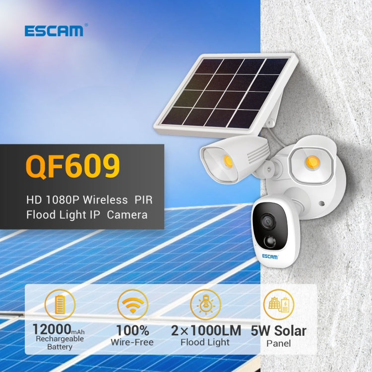 ESCAM QF609 1080P Solar Powered 1000LM Floodlight Wireless Camera with Solar Panel & 12000mAh Rechargeable Battery, Support PIR Sensor & Night Vision & Two Way Audio & TF Card - Security by ESCAM | Online Shopping UK | buy2fix