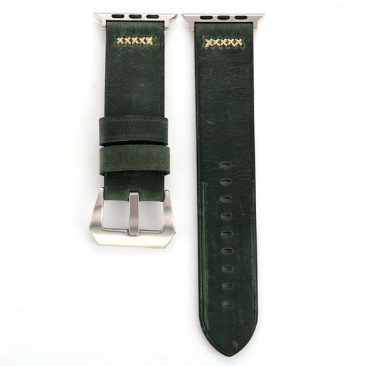 For Apple Watch Ultra 49mm&Watch Ultra 2 49mm / Series 10 46mm / 9&8&7 45mm / SE 3&SE 2&6&SE&5&4 44mm / 3&2&1 42mm Retro XX Line Pattern Genuine Leather Wrist Watch Band(Green) by buy2fix